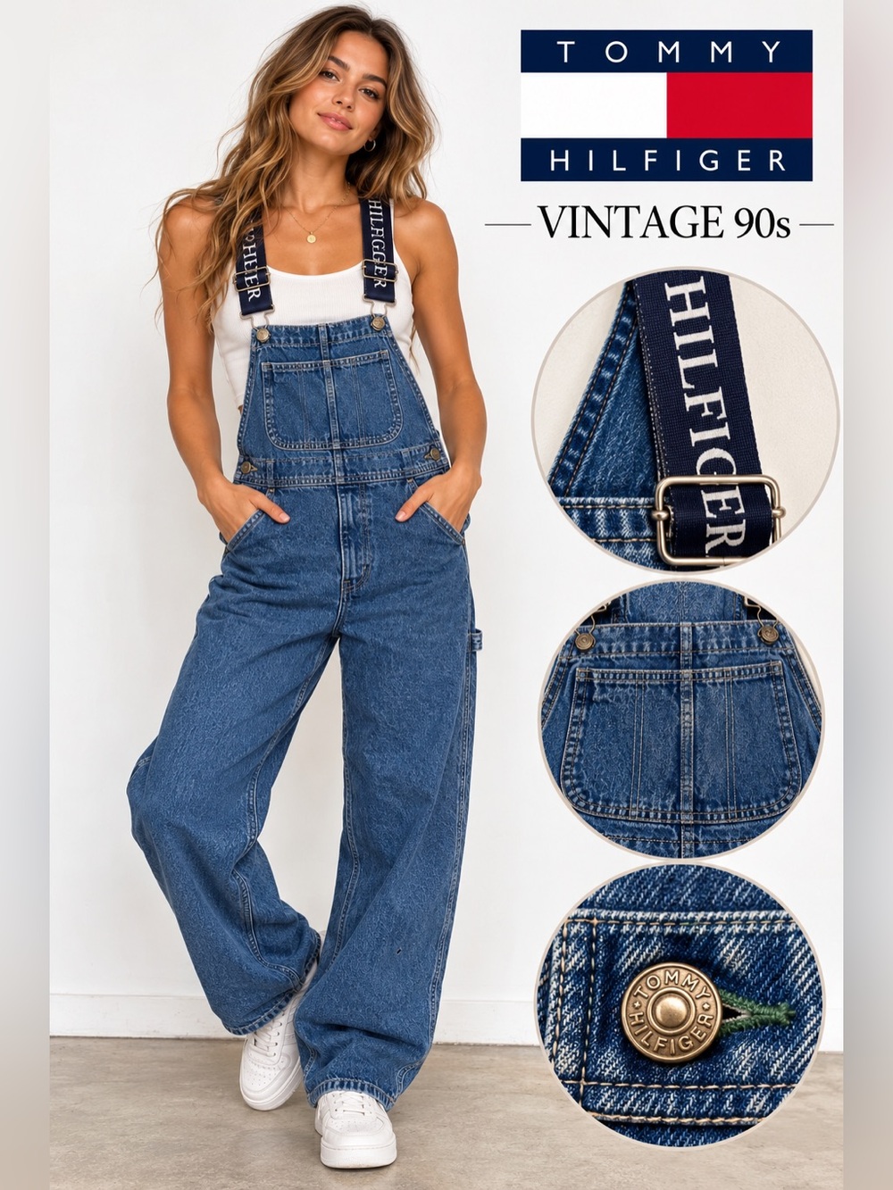 Vintage 90s Tommy Hilfiger Denim Overalls M Spellout Straps Baggy